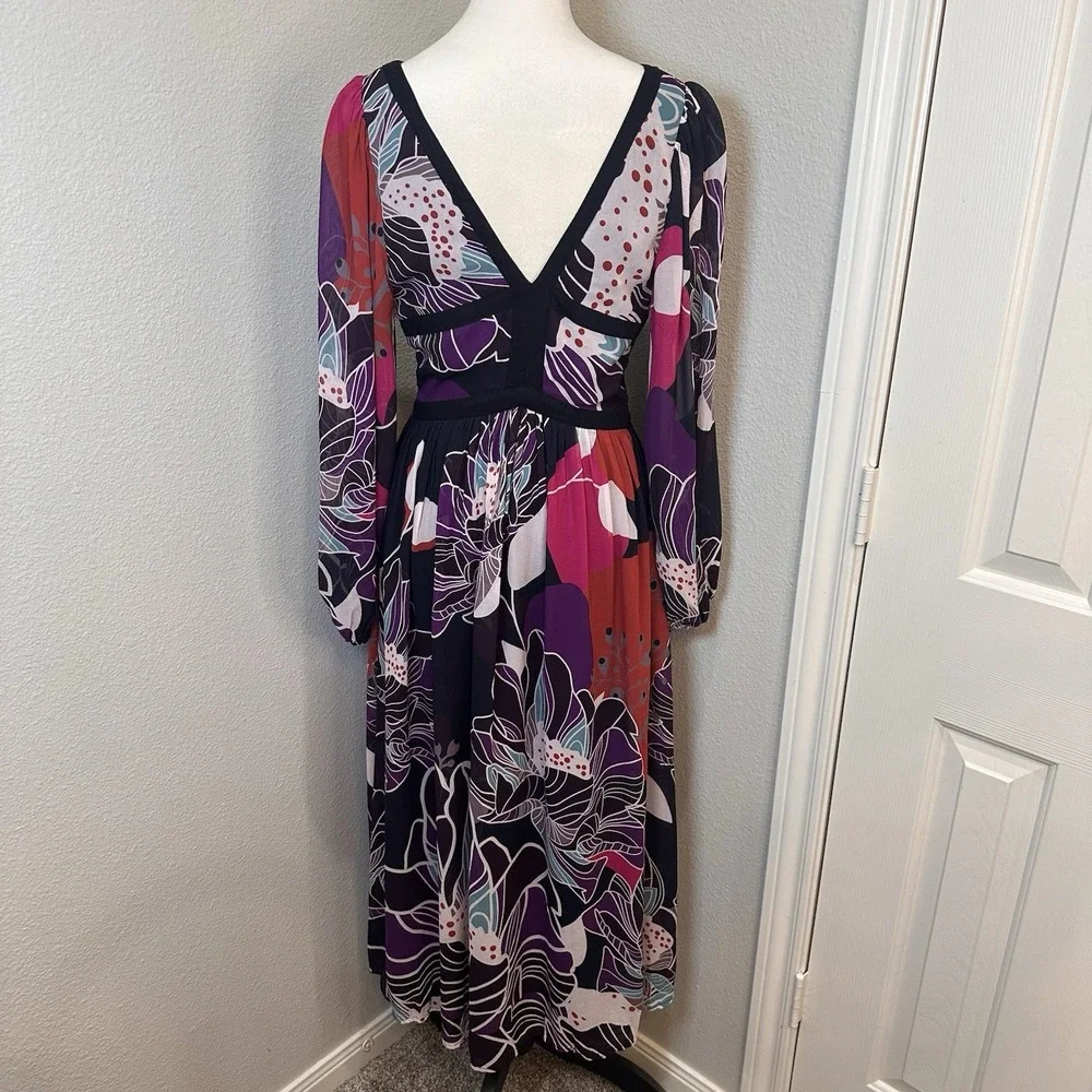 Anthropologie LET ME BE Floral Midi‎ Dress M Flowy Black Purple Party Wedding - Picture 8 of 15